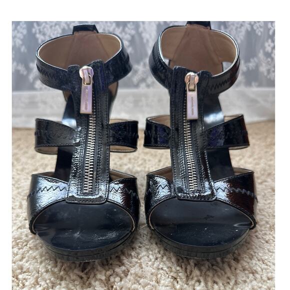 Michael Kors Black Patent Leather Zipper Open Toe Platform Heels Womens Size 8 - Picture 7 of 9